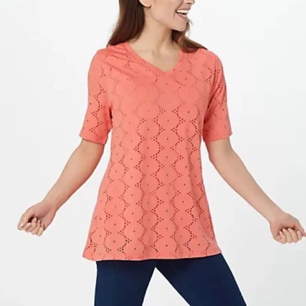 Isaac Mizrahi Knit Eyelet Rounded Swing Elbow Sleeves Top